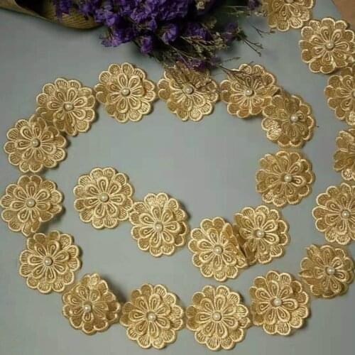 1 Yard Gold 5CM Pearl Flower DIY Soluble Wedding Lace Trim Knitting Embroidered Handmade Patchwork Ribbon Sewing Supplies Craft