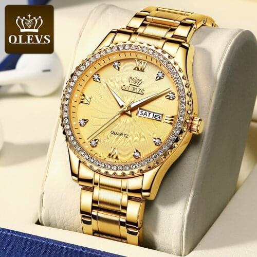 OLEVS Brand Mens Watches Business Quartz Watch Men Stainless Steel 30M Waterproof Gold Date Wristwatches Mens Relogio Masculino