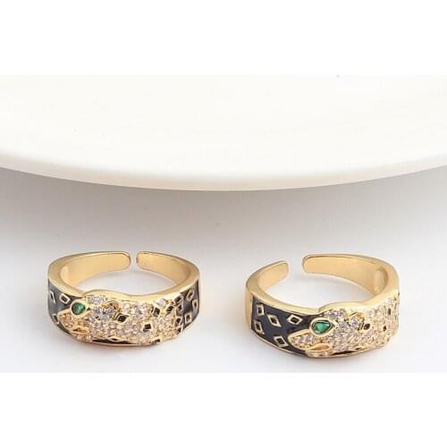 Personality Gold Leopard Enamel Copper Zircon Wedding Black Rings For Men and Women Open Couple Ring Party Birthday Gift Jewelry
