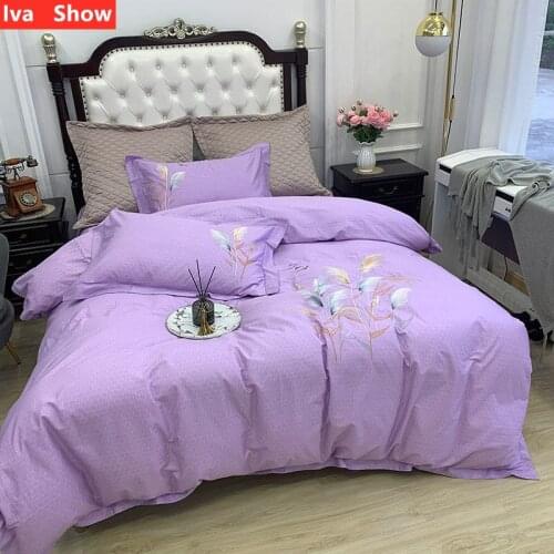Iva Show Violet Gongmian Texture Bedding Set Plant Print Bed Set Solid Color Embroidery Pillowcase Queen Size Bed Four-pieces