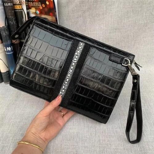 Authentic True Crocodile Alligator Belly Skin Businessmen Large Envelop Clutch Genuine Stingray Leather Male Wristlets Purse