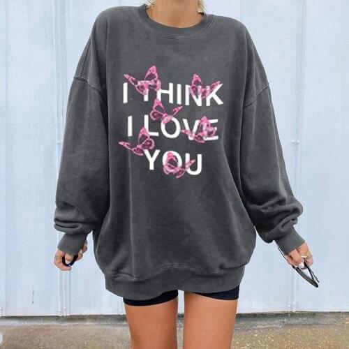 2021 New Style Women Winter Loose Hoodies Ladies Butterfly & Letter Print Long Sleeve Round Neck Pullover Sweatshirts