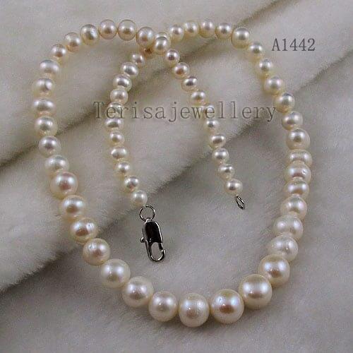 Terisa Pearljewelry AA 5-11mm White Color Freshwater Pearl Necklace graduated Strand 18inches Fashion Ladys Party Wedding Gift