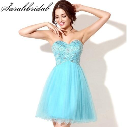 Chic Sky Blue Short Homecoming Dresses Crystal Lace Up Sleeveless Cheap Sweetheart Ruffles Graduation Party Gown Vestidos SD034