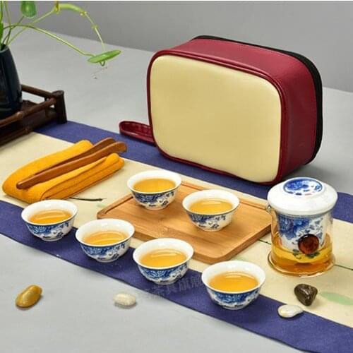 Glass ceramic liner cup of tea for binaural Blue Travel Kung Fu Tea Set for making Black Tea oolong puer tea