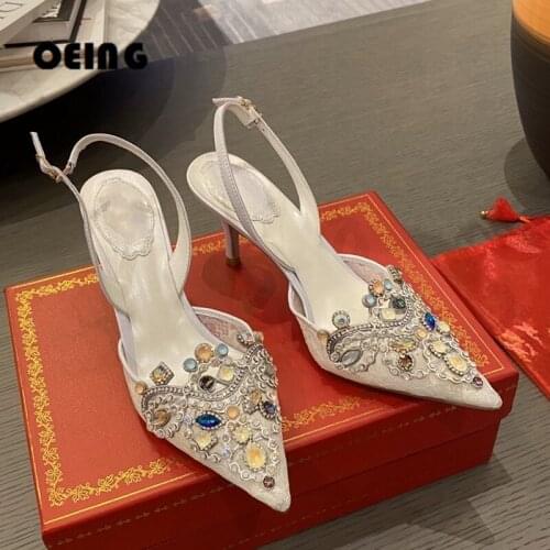Women Crystal-embellished Lace Slingback Pumps Elegant Pointed Toe Rhinestone Stiletto High Heels Weeding Dress Shoes Women