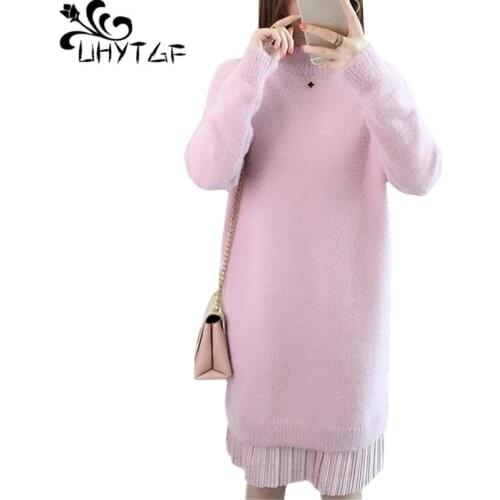 UHYTGF Autumn Winter Dress Women Fashion Fake Two-Piece Mink Fleece Knitted Sweater Female Pullover Turtleneck Long Clothes 1324