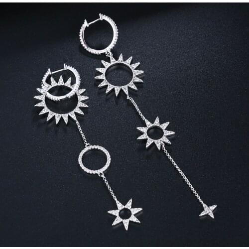 UNGODLY Luxury Sunflower Earrings Cubic Zirconia Star Gear Asymmetry Tassel Earring Set Fashion Gold Color Women Jewelry Gift