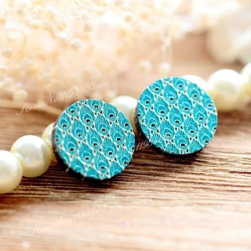 Unique 3D Feather Embossed 16mm Round Coloured Drawing pattern Laser Cut wood Cabochon DIY for Rings, Earring,Brooch,Necklace