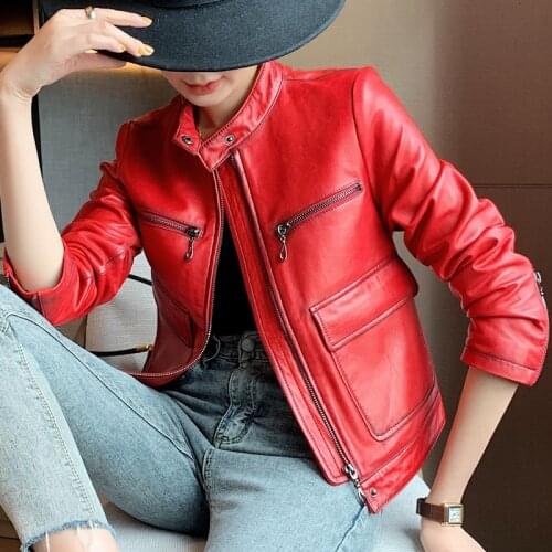High Quality Real Sheepskin Coat Women Short Slim Red Motorcycle Leather Jacket Korean Style Women Clothing Stand Collar WPY3869