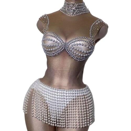 Pearl Rhinestones Decoration Tassel Bodysuit Women Sleeveless Performance Clothing Nightclub Dance Show Wear Stage Wear Lady