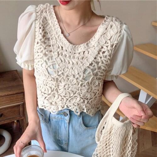 2021 New Summer Crochet Top Women O-Neck Puff Sleeve Knitted Blouse Shirt Boho Sexy Hollow Out Pullover Cover Up Blusa Mujer