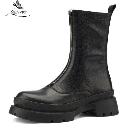 Sgesvier Size 34-43 Women Real Leather Mid Calf Boots Round Toe Shoes Winter Warm Boots Women Fashion Front Zipper Footwear
