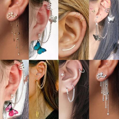 Butterfly Moon Star Rhinestone Long Chain Earrings for Women Shine Sun Crescent Geometric Tassel Piercing Earring Party Jewelry