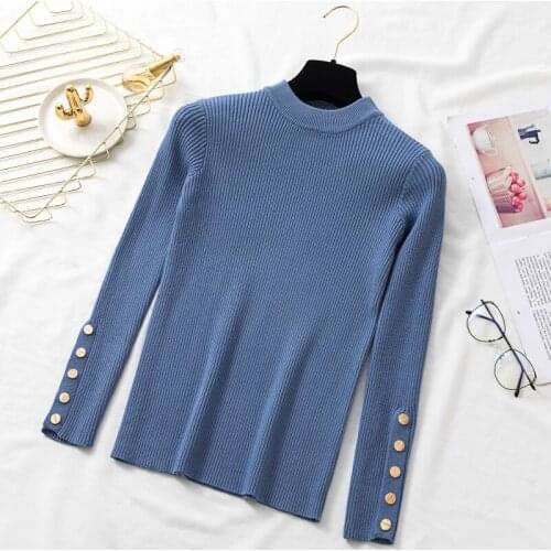 Women Sweater Pullovers Casual Autumn Winter O Neck Button Up Long Sleeve Sweaters Ladies Slim Elastic Knitwear Soft Jumper Tops