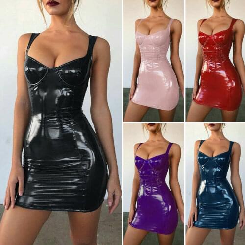 Women Bodycon Party Dress PU Leather Vestido High Waist Sleeveless Mini Dress Femme Sexy V-neck Strapless Bodycon Gothic Dress