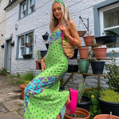 Vintage Floral Print Y2K Maxi Green Dresses Women Summer Bohemia Beach Dress Elegant Sexy Club Party Outfits 90s
