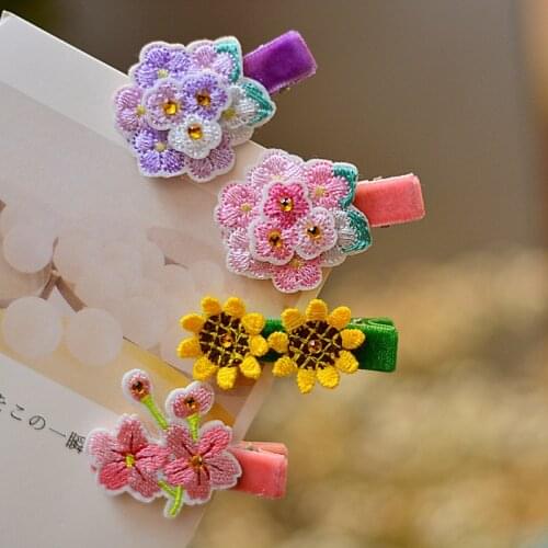2/4pcs Boutique Flower Hair Clip Set for Girls Velvet Hairpins Child Rhinestone Embroidery Barrettes Kids Hair Accessories