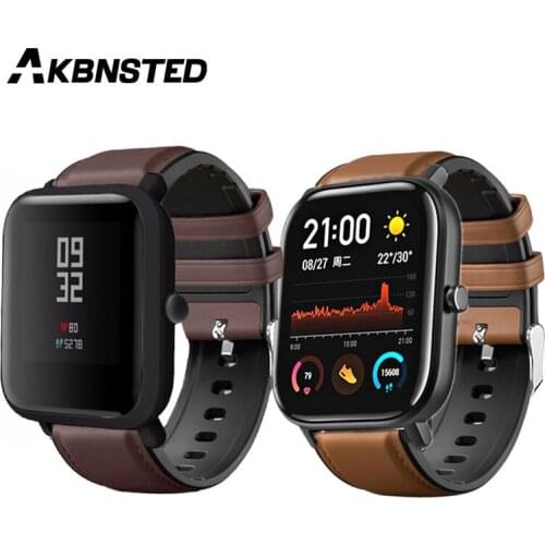 AKBNSTED 20MM Leather Silicone Watch Wristband For Xiaomi Huami Amazfit Bip/GTS/Polar Ignite Smart Watch Replacement Band Strap