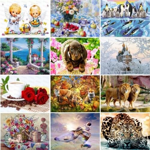 Diy Diamond Painting Wild Protected Animals Fox Lion Leopard Penguin Cute Little Angel Color Flowers Oil Painting Poster