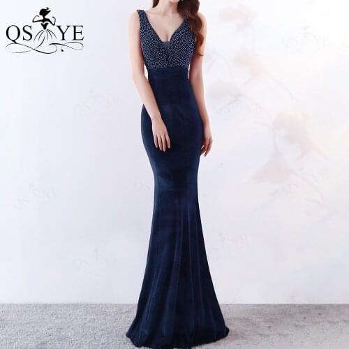 Velvet Navy Evening Dresses Pears Mermaid Prom Gown Sexy V Neck Party Dress Open Back Formal Dress Sleeveless Fitted Vestido