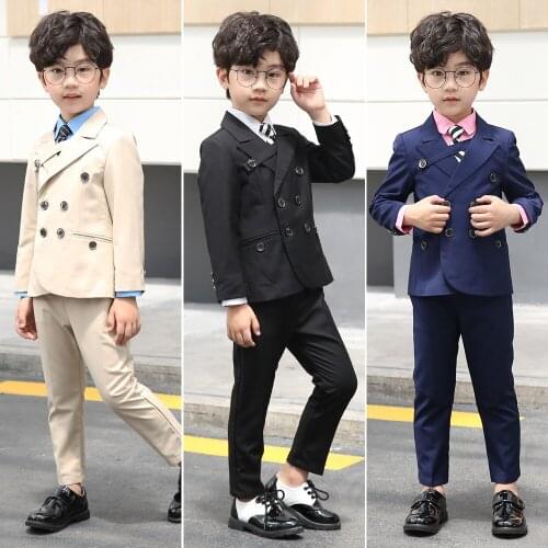 2-9 Years Boys Formal Suits Autumn Winter Kids Korean Solid Blazer Pants Shirt Tie 4 Pcs Set For Boy Childrens Gentleman Suits