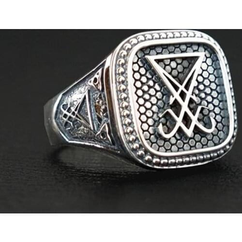 EYHIMD Gothic 316L Stainless Steel Sigil of Lucifer Signet Ring Sigil of Lucifer Satan Seal Ring for Men Male Punk Biker Jewelry