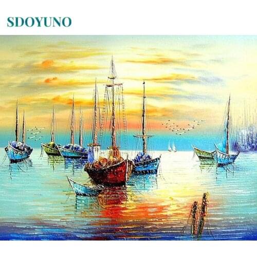 SDOYUNO Fishing Boat Morning Sun Painting By Numbers DIY Wall Pictures For Living Room Frame Home Decor Canvas Painting Gift