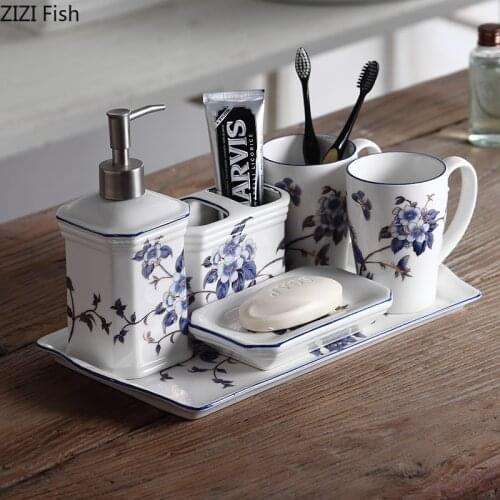 Ceramic Wash Set Modern Home Five Piece Set Soap Dispenser Toothbrush Holder Couples Bathroom Wash Suit Bathroom Accessories
