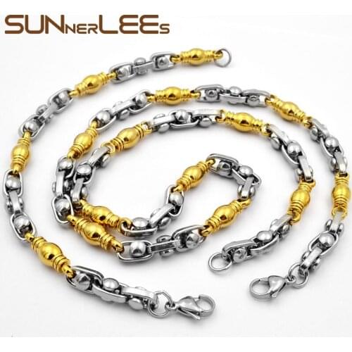 SUNNERLEES Jewelry Stainless Steel Necklace Bracelet Set 7mm Geometric Link Chain Silver Color Gold Plated Men Women SC100 S