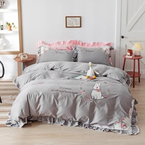 Cartoon Rabbit Floral Embroidery 100% Cotton Bedding Set Double Duvet Cover Set Bed Linen Fitted Sheet Pillowcases Home Textile