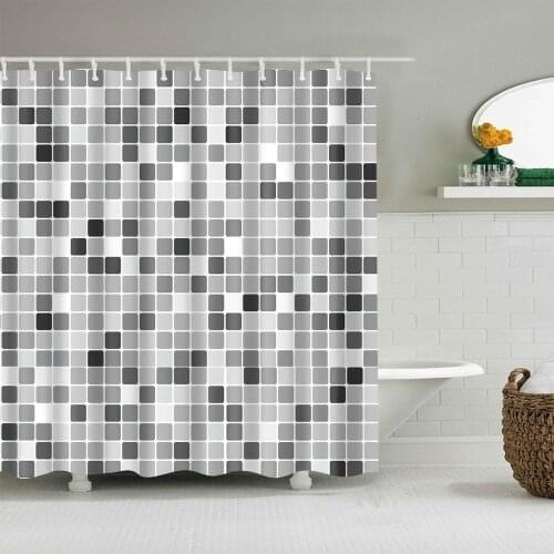 Black and White Gray Grid Shower Curtain Set with Hooks Unique Bath Accessories Waterproof Polyester Fabric Bathroom Decor