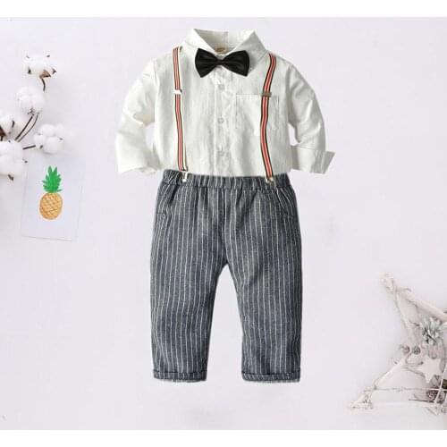 Spring Autumn Boys Formal Wear 4 Piece Sets Long Sleeve Shirts+Removable Strap+Bow Tie+Trouser Gentleman Boys Outfits 24M-6T