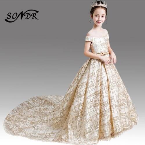 Champagne Gold Flower Girl Dresses HT158 Shining Glitter Boat Neck Girls First Holy Communion Dress Train Kids Pageant Ball Gown