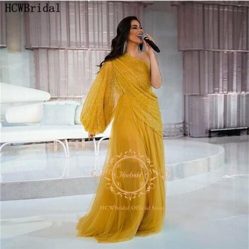 One Shoulder Long Sleeve Gold Arabic Evening Dress Shiny Beads Tulle A Line 2021 Women Formal Gowns Maxi Evening Dresses
