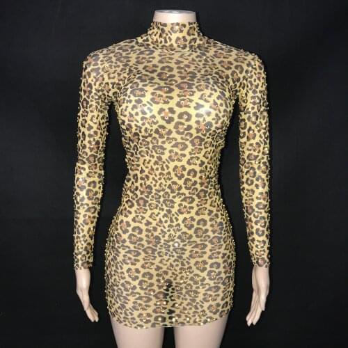Gold Rhinestone Leopard Long Sleeves Dress Women Dance Performance Outfit Costume Birthday Celebrate Short Dress