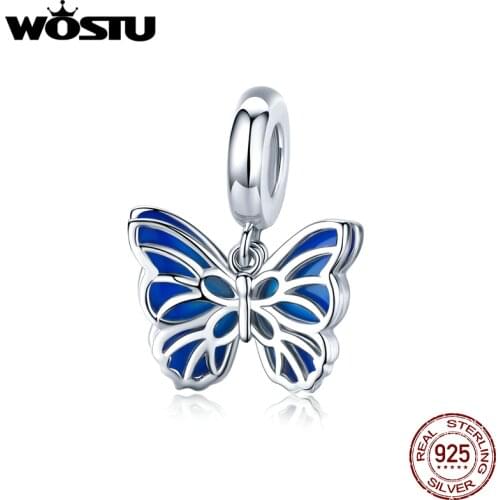 WOSTU Authentic 925 Sterling Silver Butterfly Dangle Charms Blue Enamel Beads Fit Original Bracelet DIY Necklace Jewelry CTC149