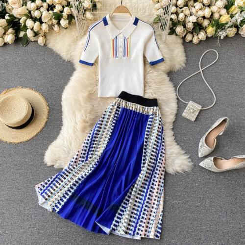 Spring Summer 2021 New Temperament Fashion Lapel Short-sleeved Polo Shirt Top with High Waist Mosaic Stitching Skirt Suit C676