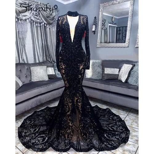 Sexy Long Sleeve Mermaid High Neck Black Sequin African Girls See Through Prom Dresses 2021