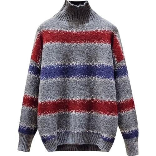 Turtleneck Vogue Thick Striped Loose Oversized Plus Large Size Female Woman Blouses Winter WomenS Sweaters Clothing Latest 0526