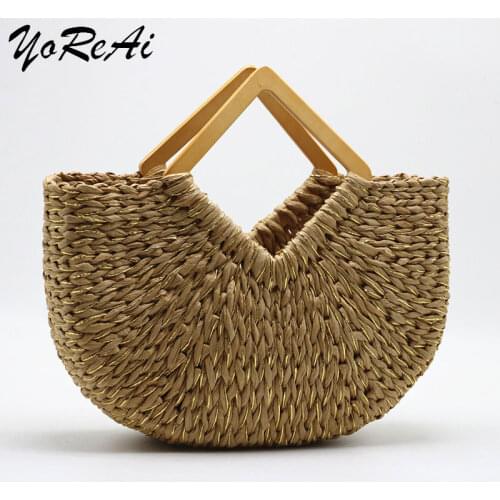 YoReAi Summer Handmade Bags for Women Beach Weaving Ladies Straw Bag Wrapped Beach Pack Moon Shaped Top Handle Handbags Totes