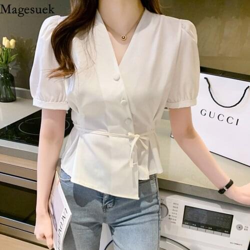 2021 Summer Blouse for Women Korean Style Oblique Buckle White Slim Waist Button Up Shirt V Neck Short Sleeve Elegant Tops 15064