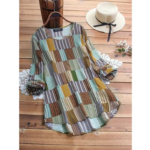 Womens Long Sleeve Loose Casual Round Neck Color Plaid Shirt Summer Fashion Shirt Plus Size L-5XL Blue Green 2020 Newest Trendy