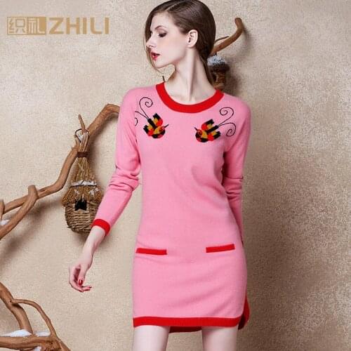 Women Pullovers 100% pure goat cashmere knit womens O-neck long dress pullover sweater Fashion Tops Standard Clothes