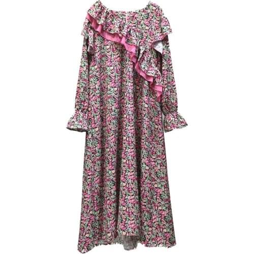 PERHAPS U Women Blue Pink Floral Print V-neck Ruffle Sash Flare Sleeve Long Sleeve Beach Holiday Midi Dress Spring Summer D2341