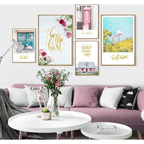 Romatic Pink Flowers Garden Bicycle Posters Prints Scandinavian Girls Room Wall Pictures Home Decorative Canvas Painting Custom