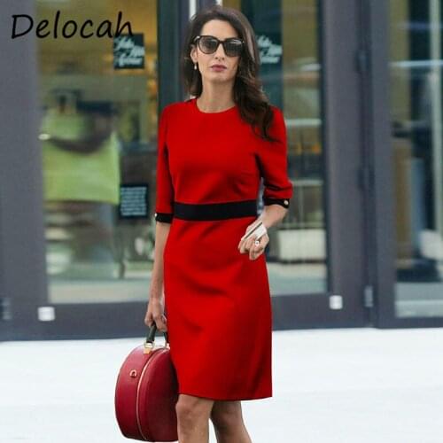 Delocah Women Summer Fashion Runway Party Short Dress Half Sleeve High Waist Solid Printed Ladies Bodycon Fit Pencil Dresses