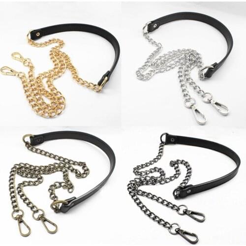 DIY 60cm-160cm Replacement Shoulder Bag Strap Black PU Leather Handle with Gold, Silver, Gun Black, Bronze Metal Chains