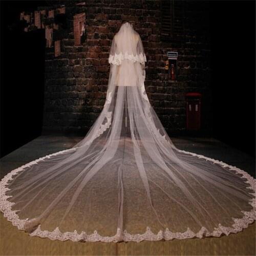 Designed Two Layer Three Meters Length Embroidered Lace Appliques Lace Wedding Veils White Ivory Long Blush Face Bridal Veil