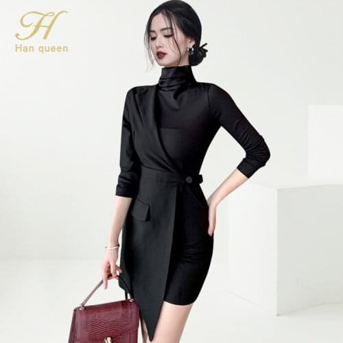 H Han Queen Elegant Black Irregular Office Pencil Dress Women Korean Party Sheath Dresses Casual Work Bodycon Vestidos Autumn